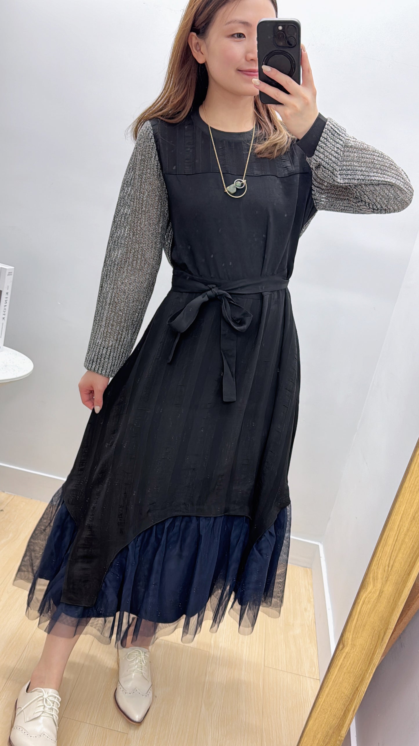 L500910《免熨長袖仙氣紗紗OPS》黑色