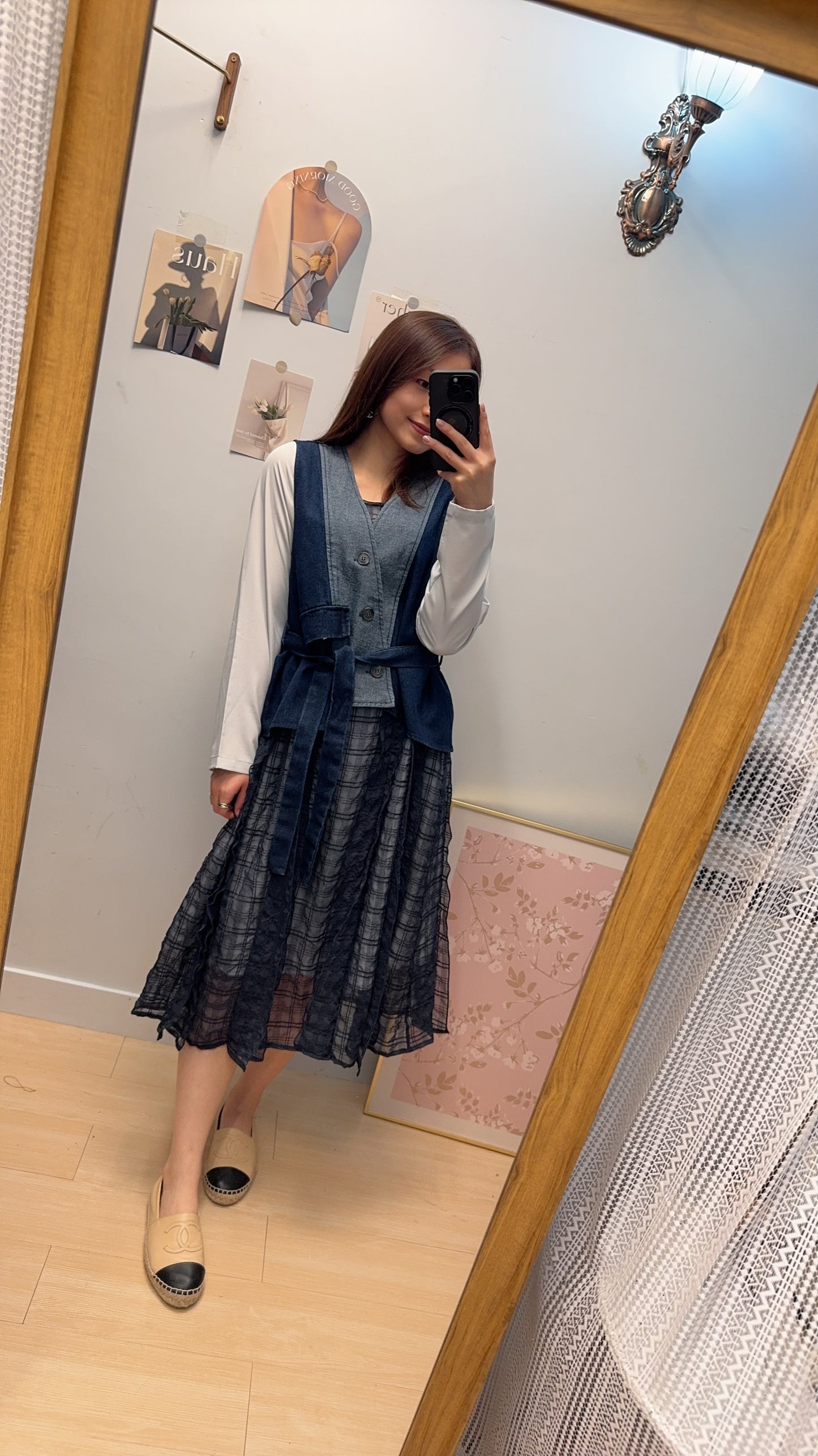 B53410 《牛仔馬甲+美美格仔皺皺OPS》 兩色（白藍/黑綠）