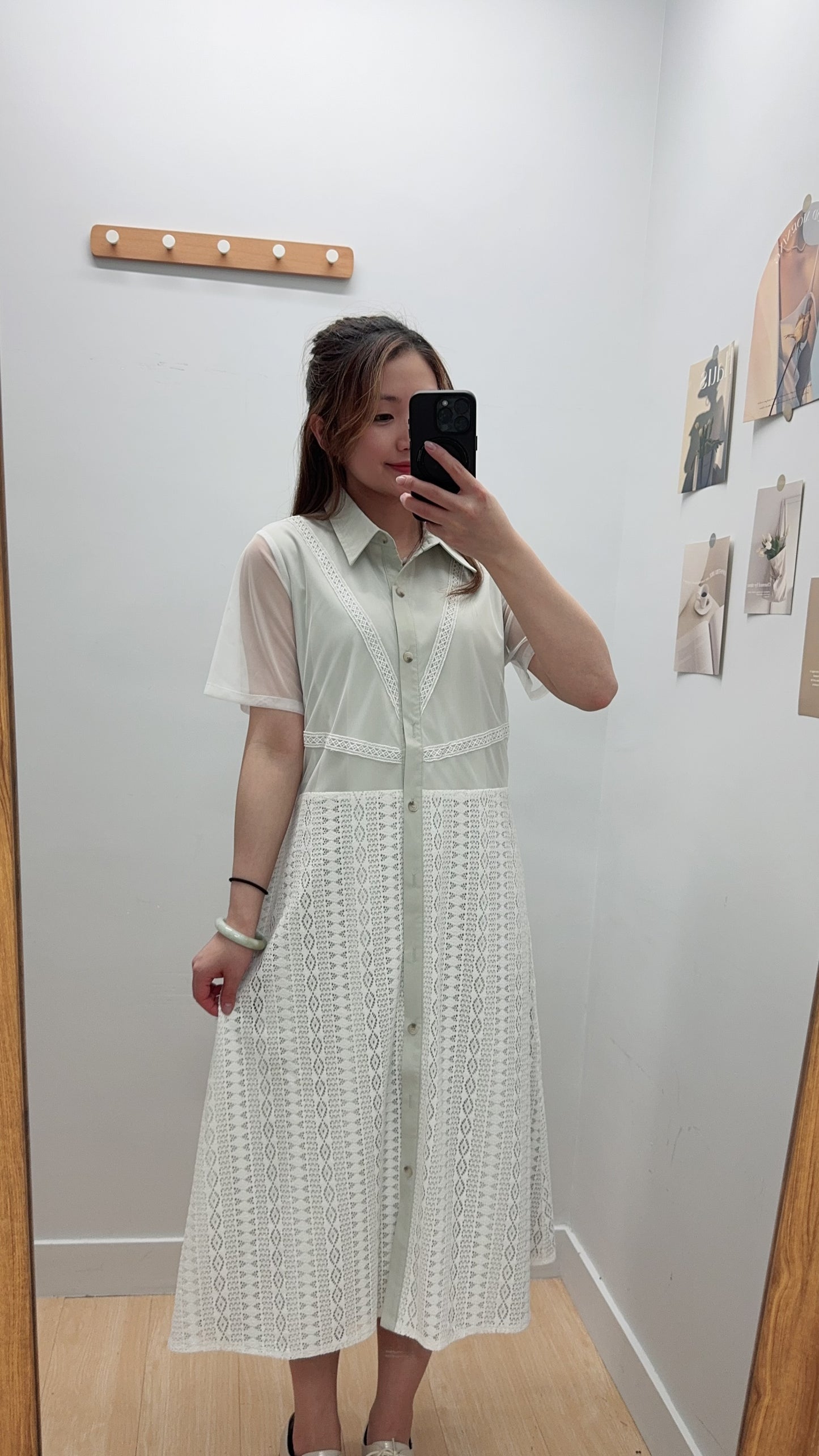 B47004《重手工透透袖拼全Lace OPS》（淺粉綠/黑藍）