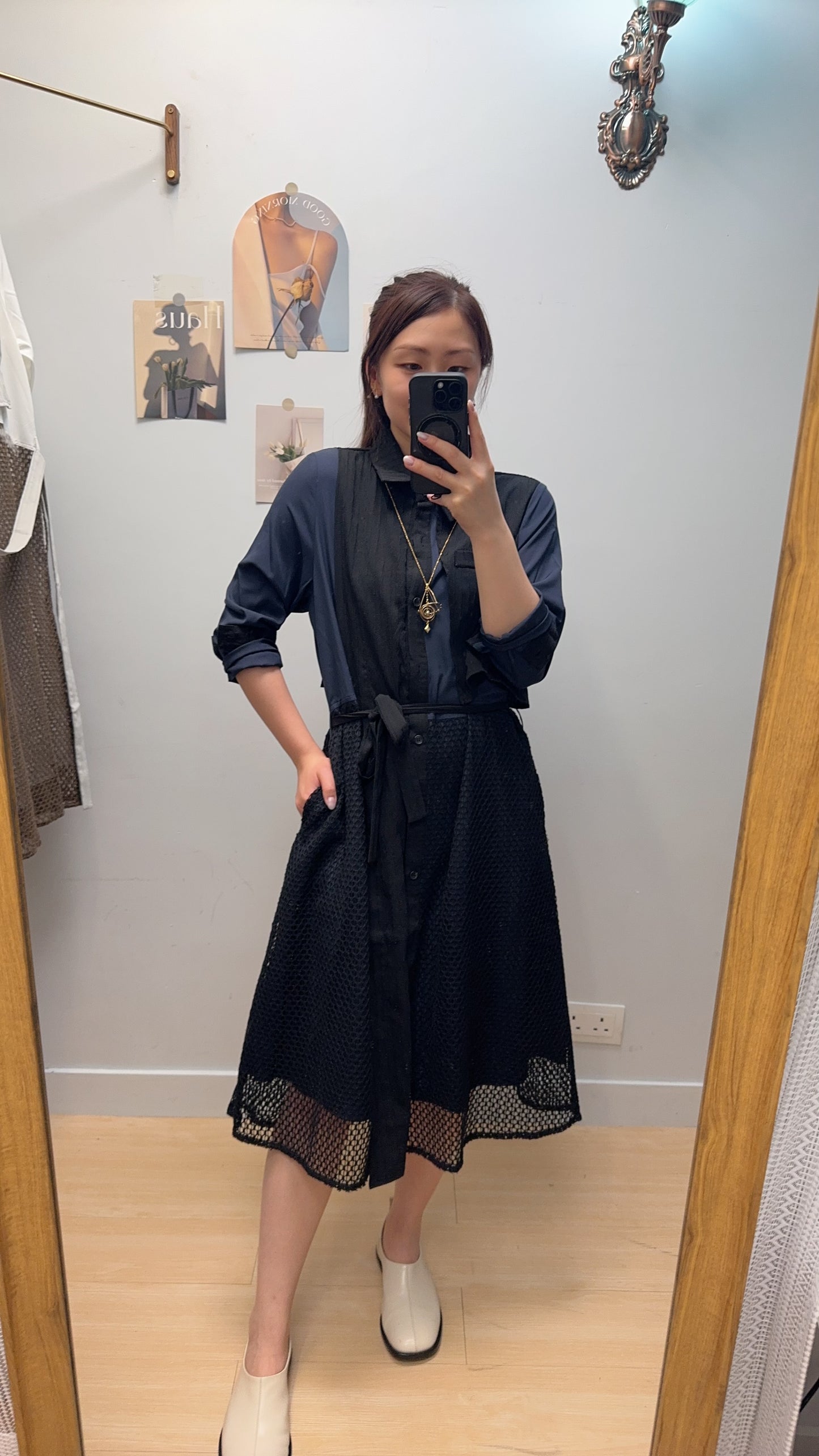 B53710 《暗直紋拼通花OPS》 兩色（杏/黑）