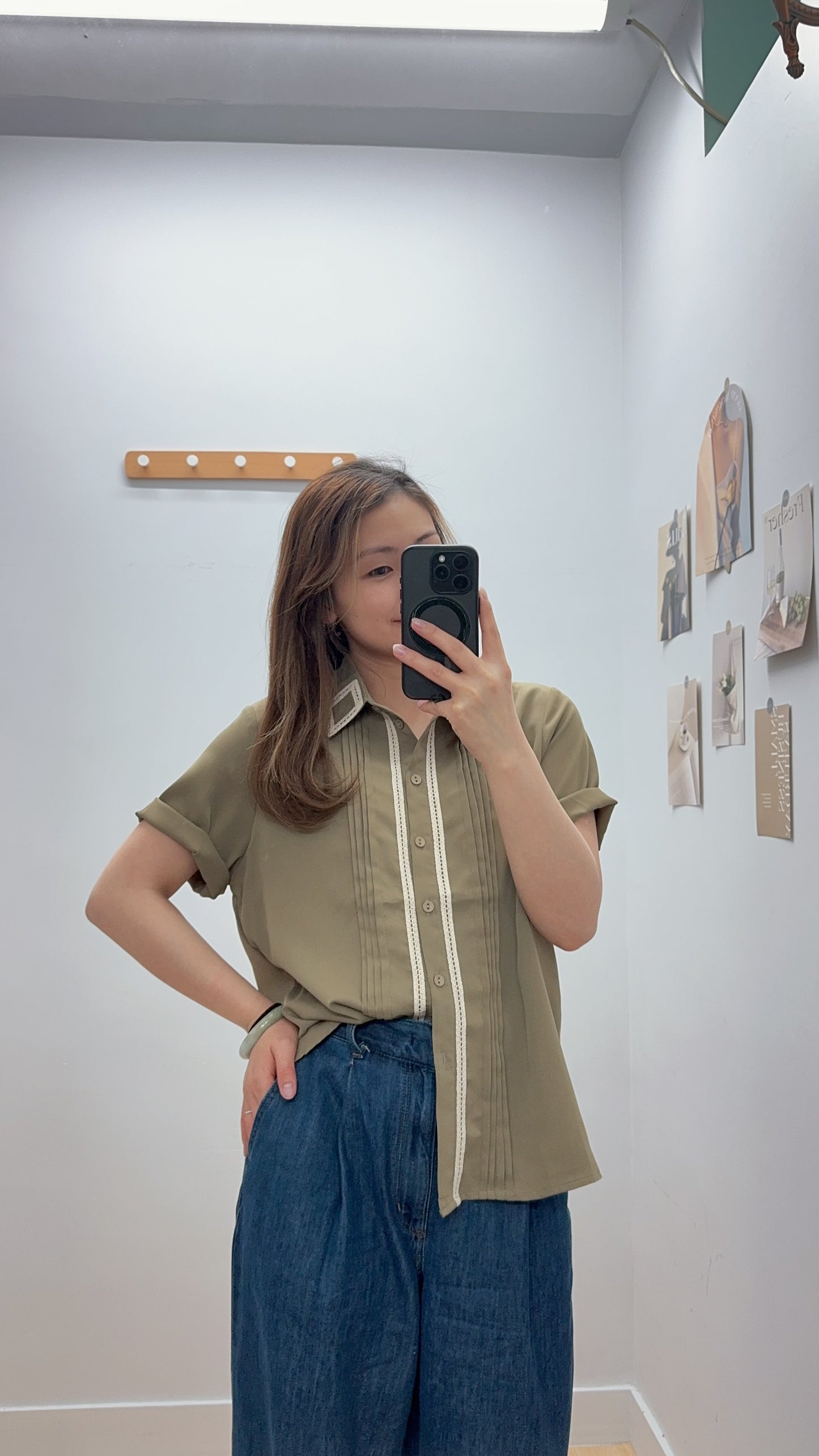 P176004《復古 100%舒服 恤衫》（白/綠）