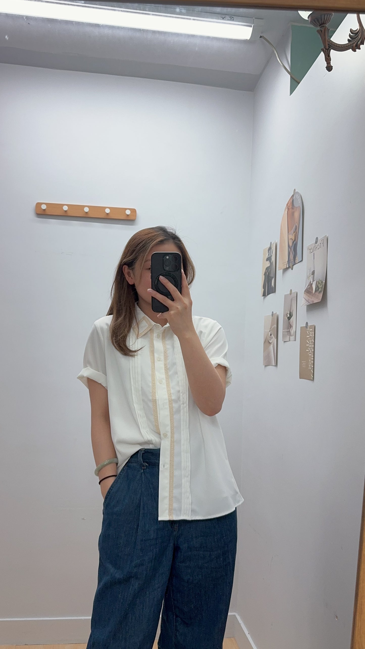 P176004《復古 100%舒服 恤衫》（白/綠）