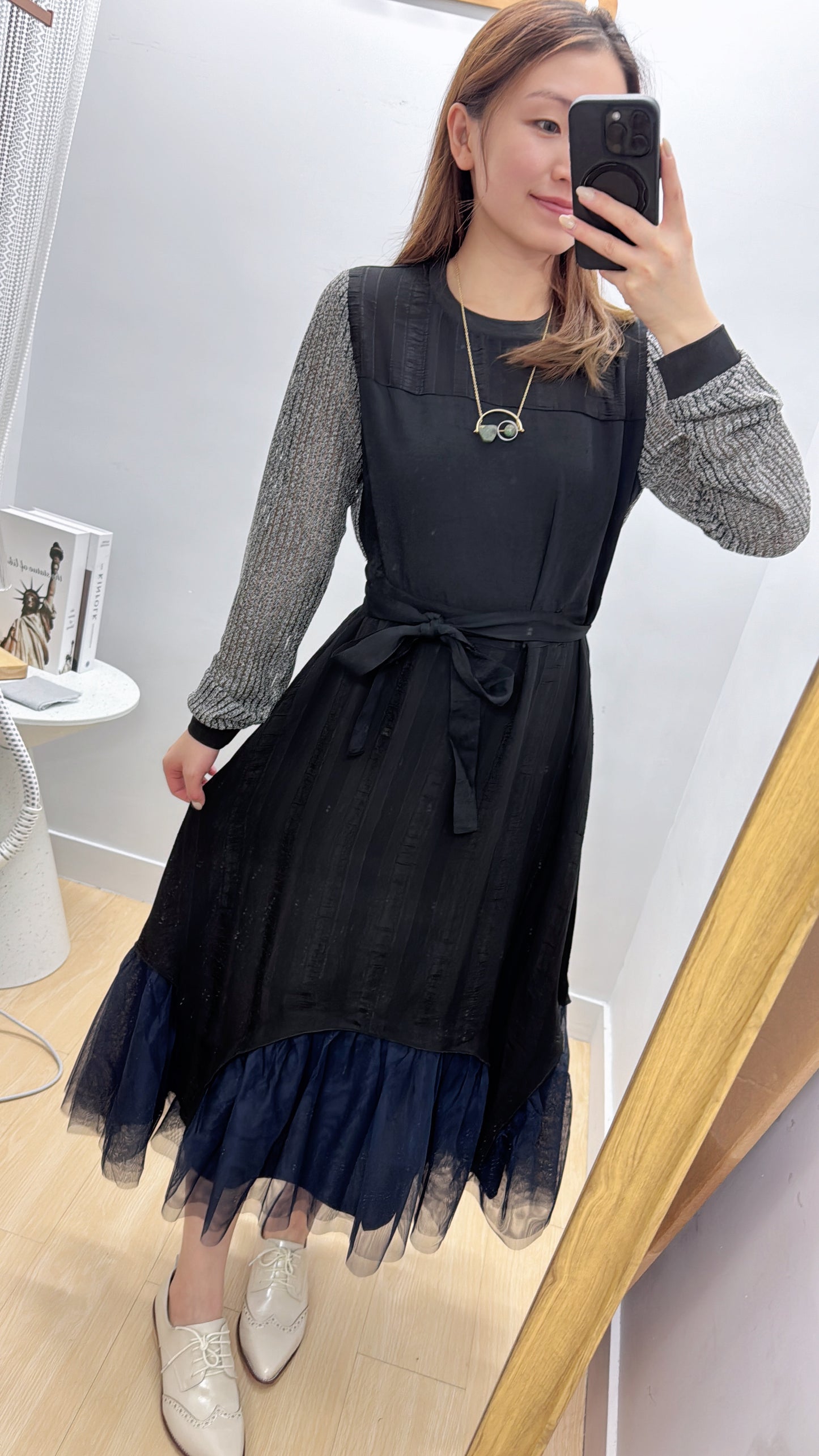 L500910《免熨長袖仙氣紗紗OPS》黑色