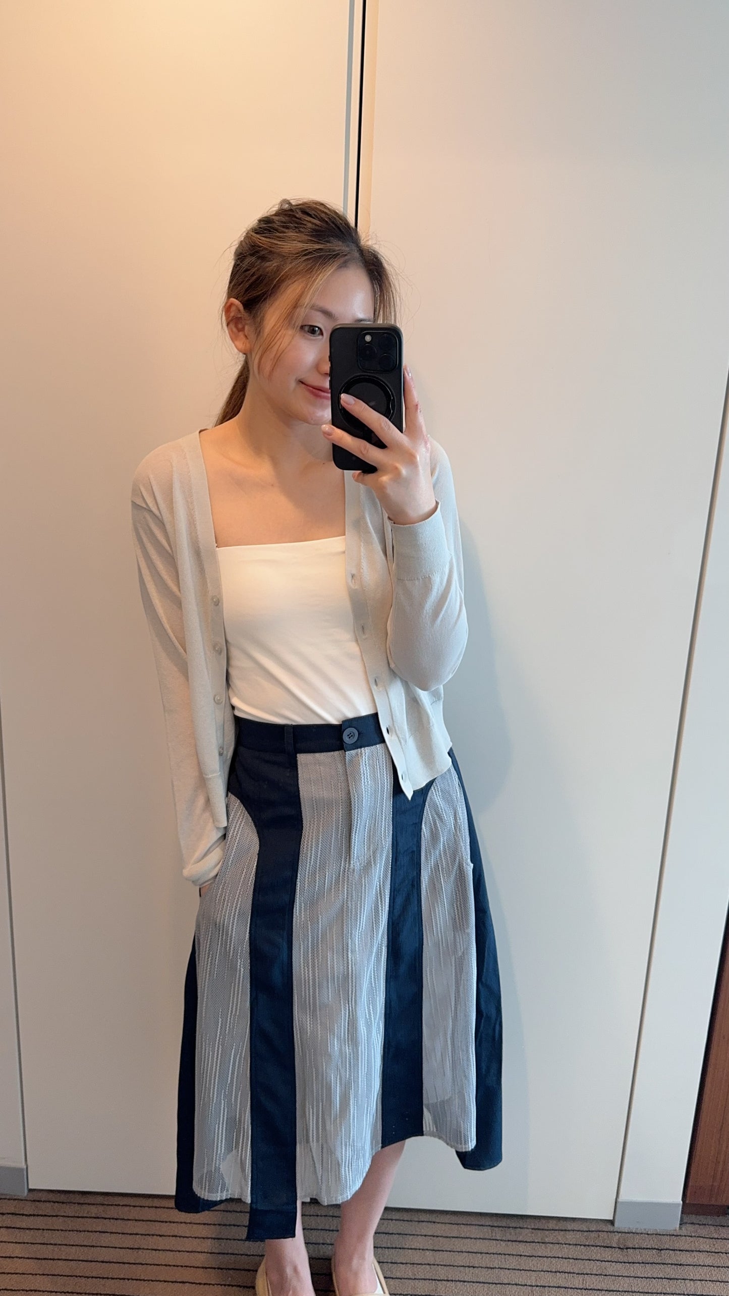P168004《樹紋拼網布前短後長半截裙》（藍灰/黑綠）