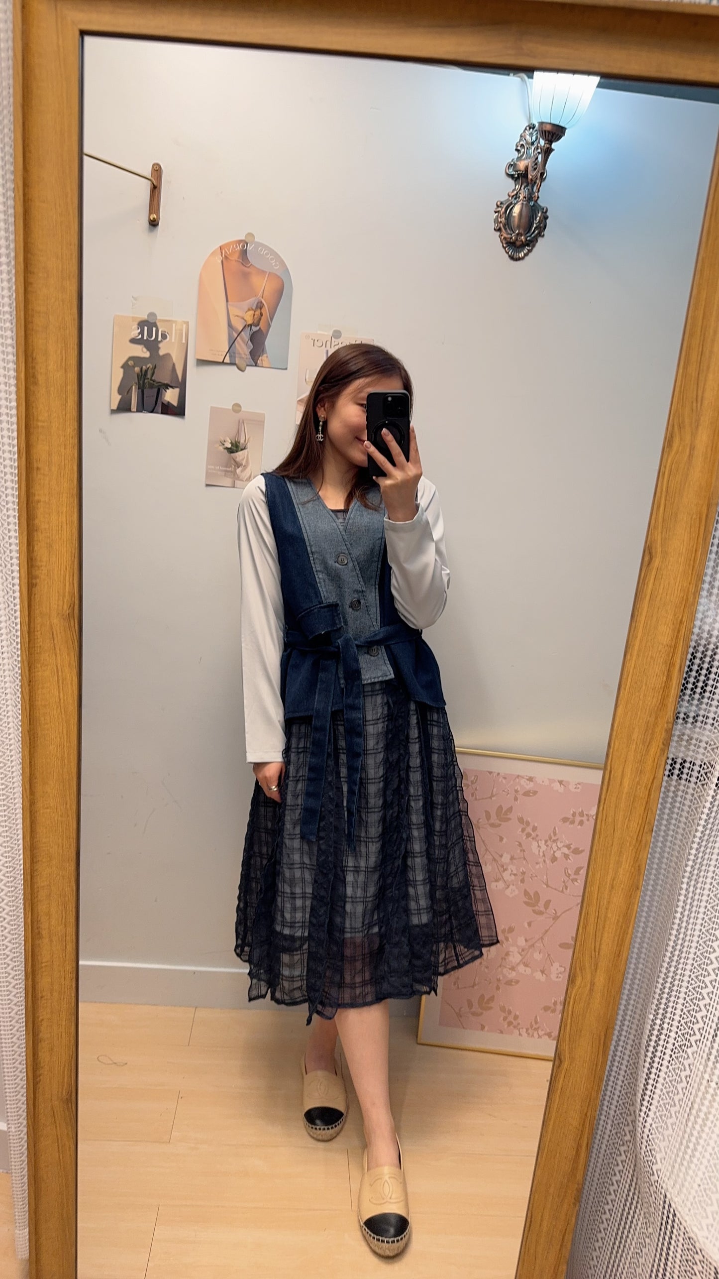 B53410 《牛仔馬甲+美美格仔皺皺OPS》 兩色（白藍/黑綠）