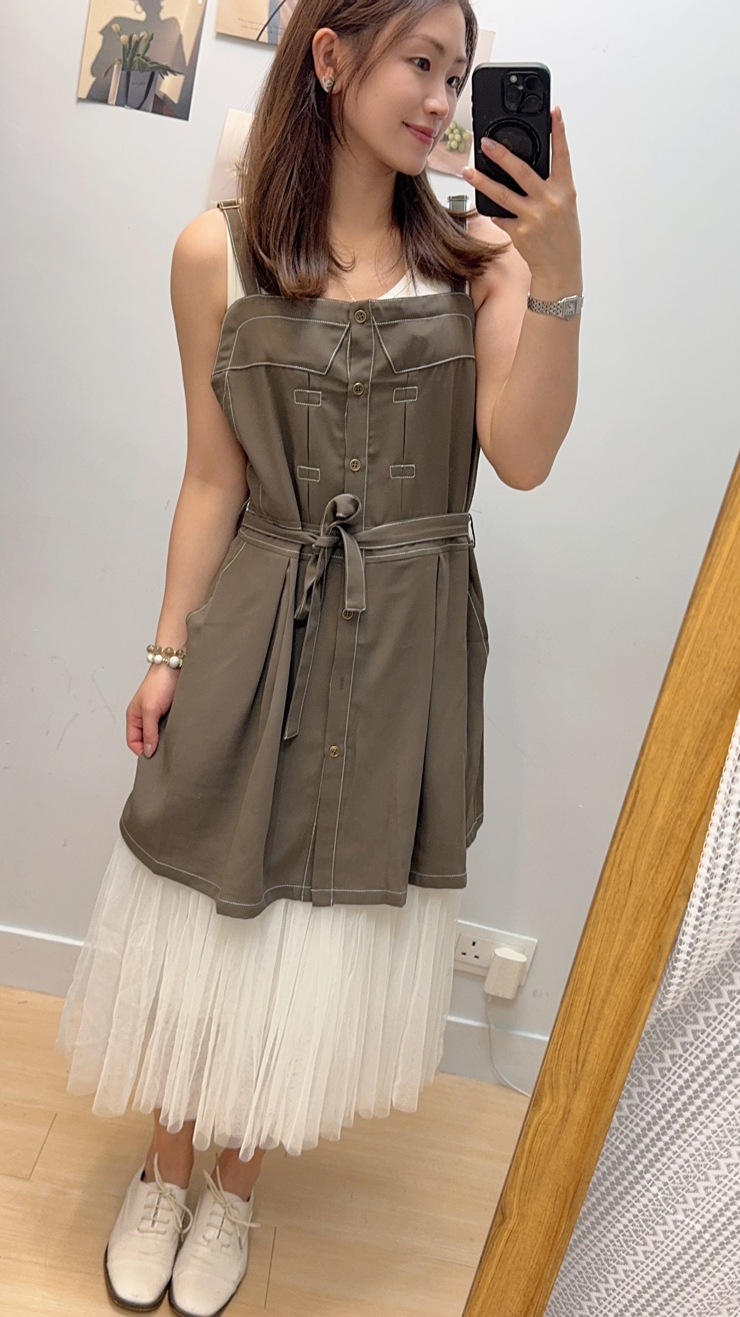 P180010《中長款明線吊帶～襯衫一流》兩色（綠/藍）