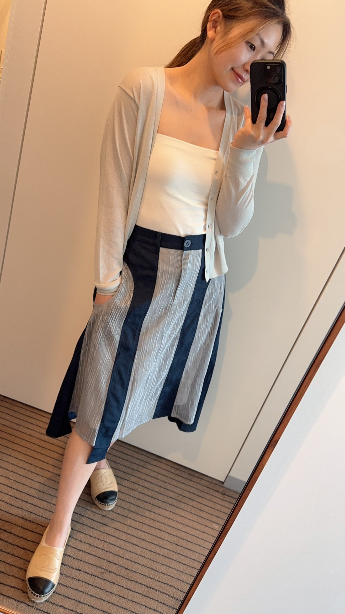 P168004《樹紋拼網布前短後長半截裙》（藍灰/黑綠）