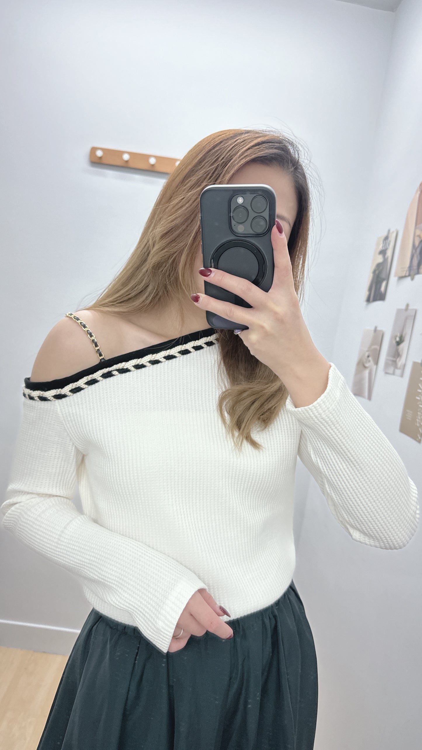 現貨【3月韓國】小香風斜肩韓系TOP 白色