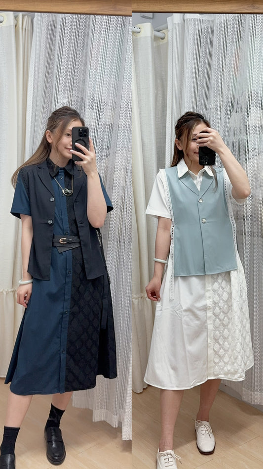 B47403《2件套～馬甲小背心+拼布OPS》（白綠/黑藍）