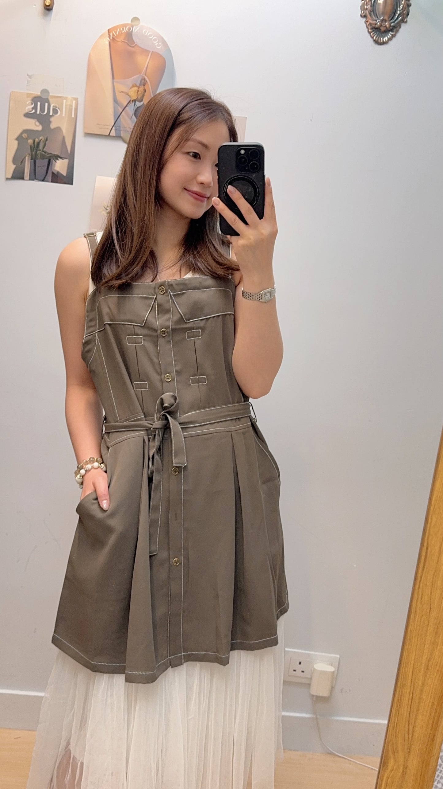 P180010《中長款明線吊帶～襯衫一流》兩色（綠/藍）