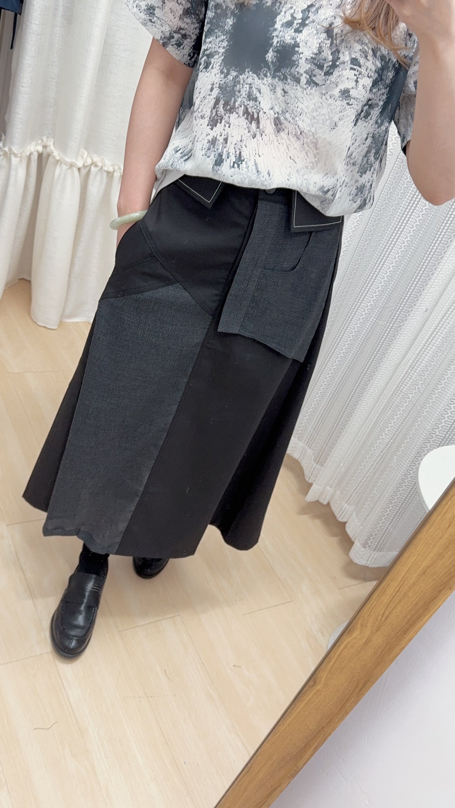 P173503《橡筋腰拼布半截裙》（綠/黑）