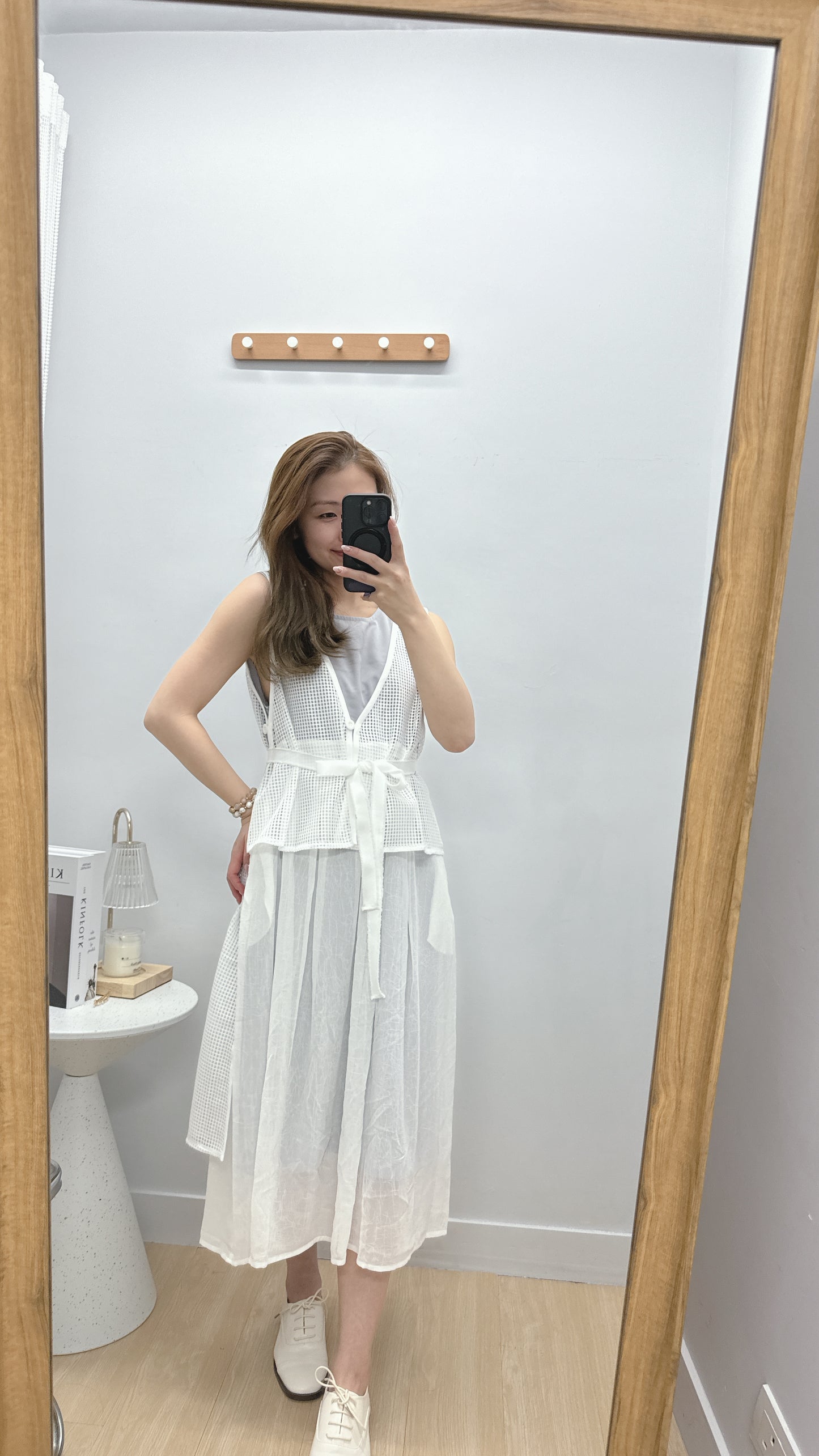 B17604《背心連身裙拼格仔網》白紫色 SIZE2