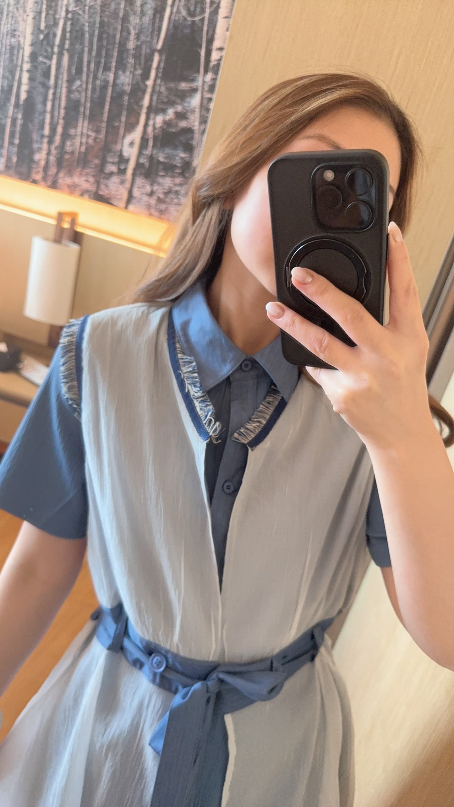 B47303《2件套～輕紗背心+拼布OPS》（白藍/黑灰）