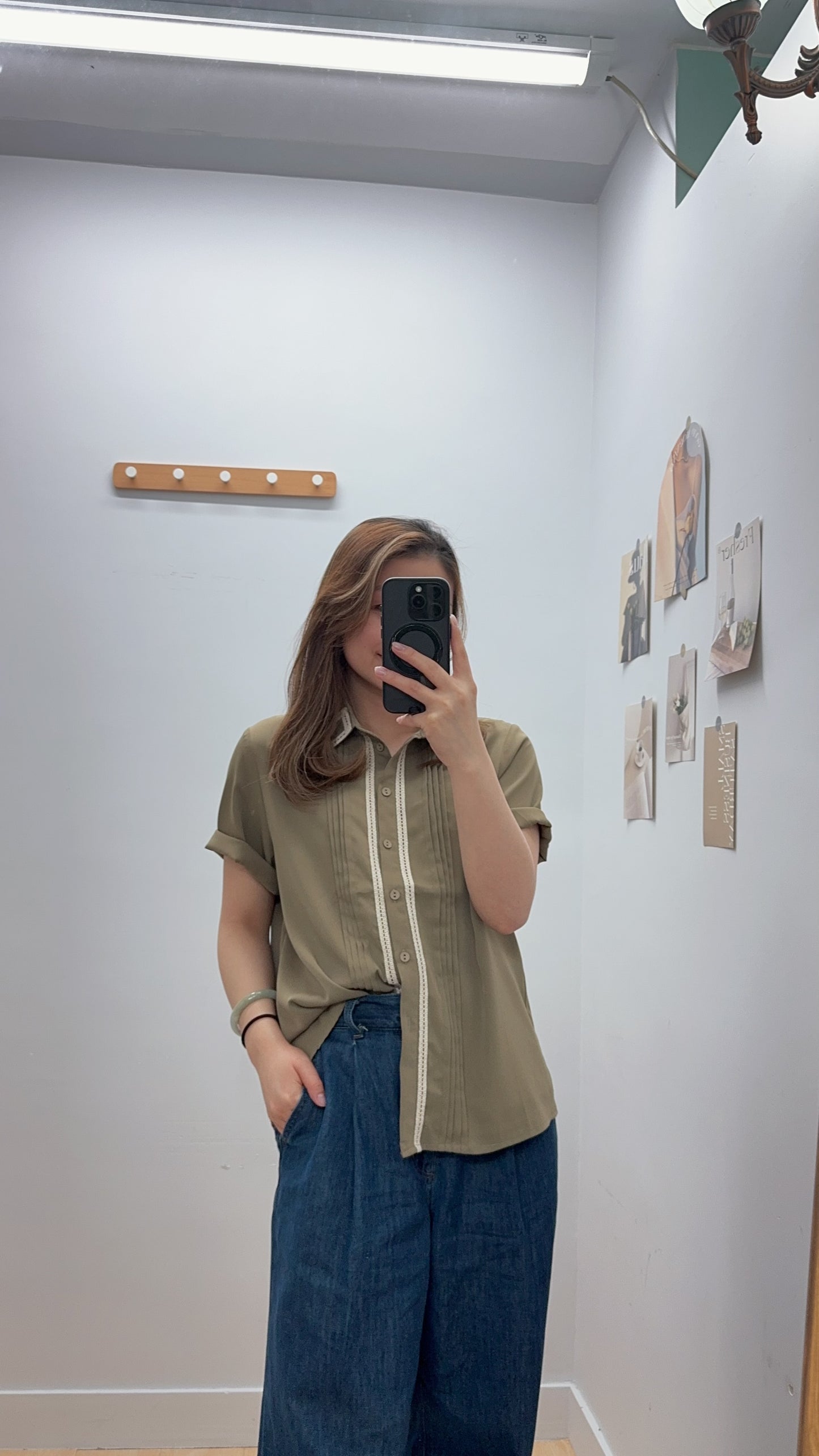 P176004《復古 100%舒服 恤衫》（白/綠）