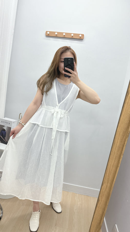 B17604《背心連身裙拼格仔網》白紫色 SIZE2