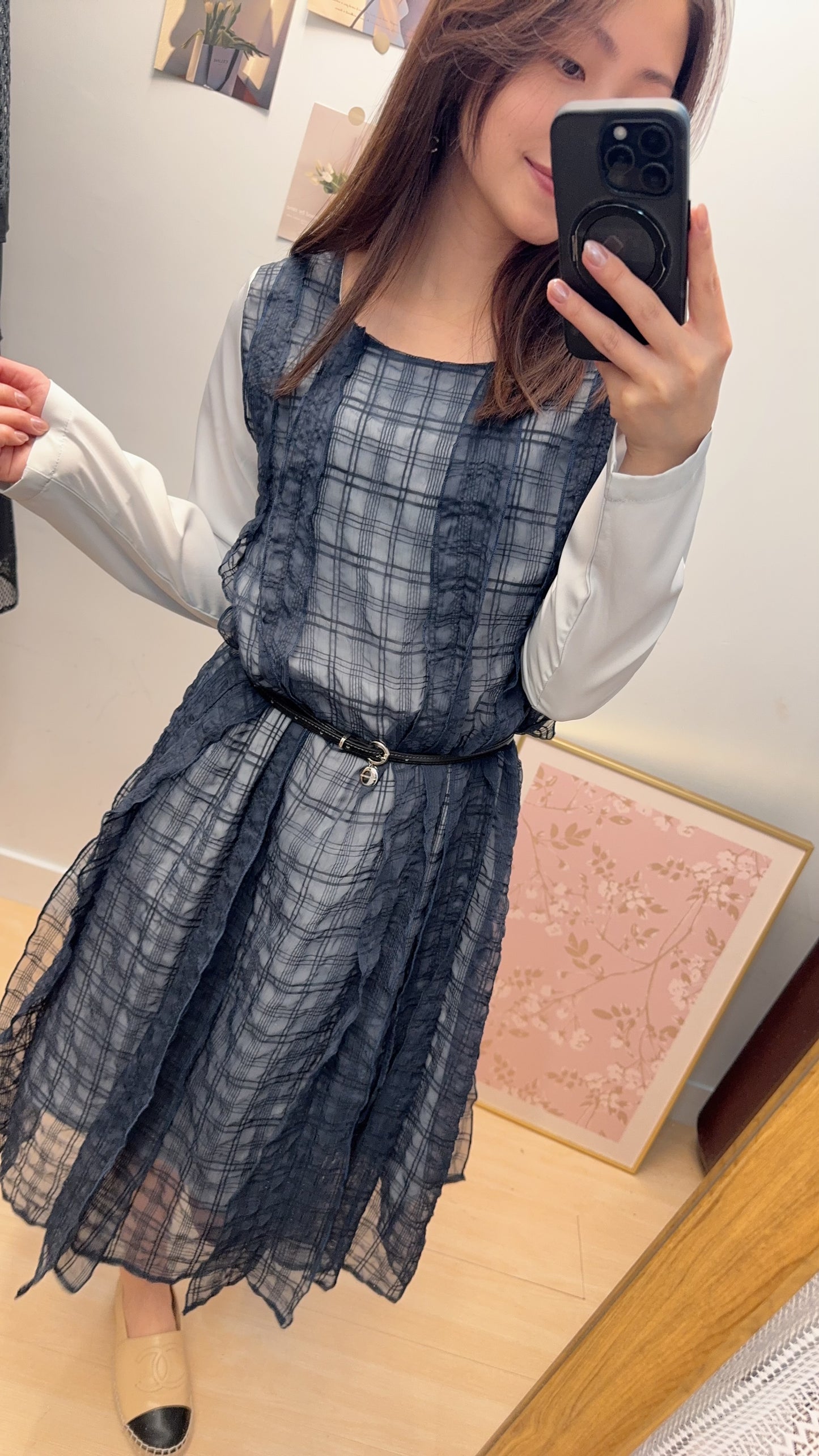 B53410 《牛仔馬甲+美美格仔皺皺OPS》 兩色（白藍/黑綠）