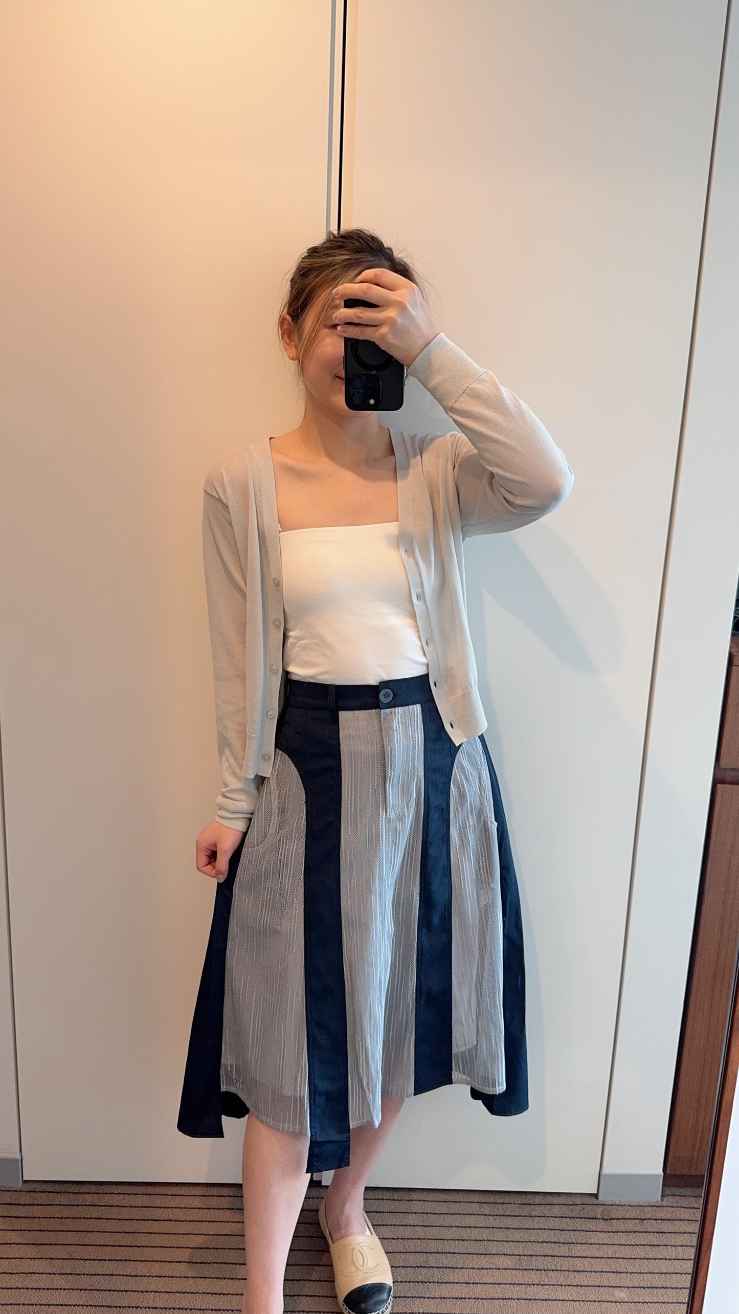 P168004《樹紋拼網布前短後長半截裙》（藍灰/黑綠）