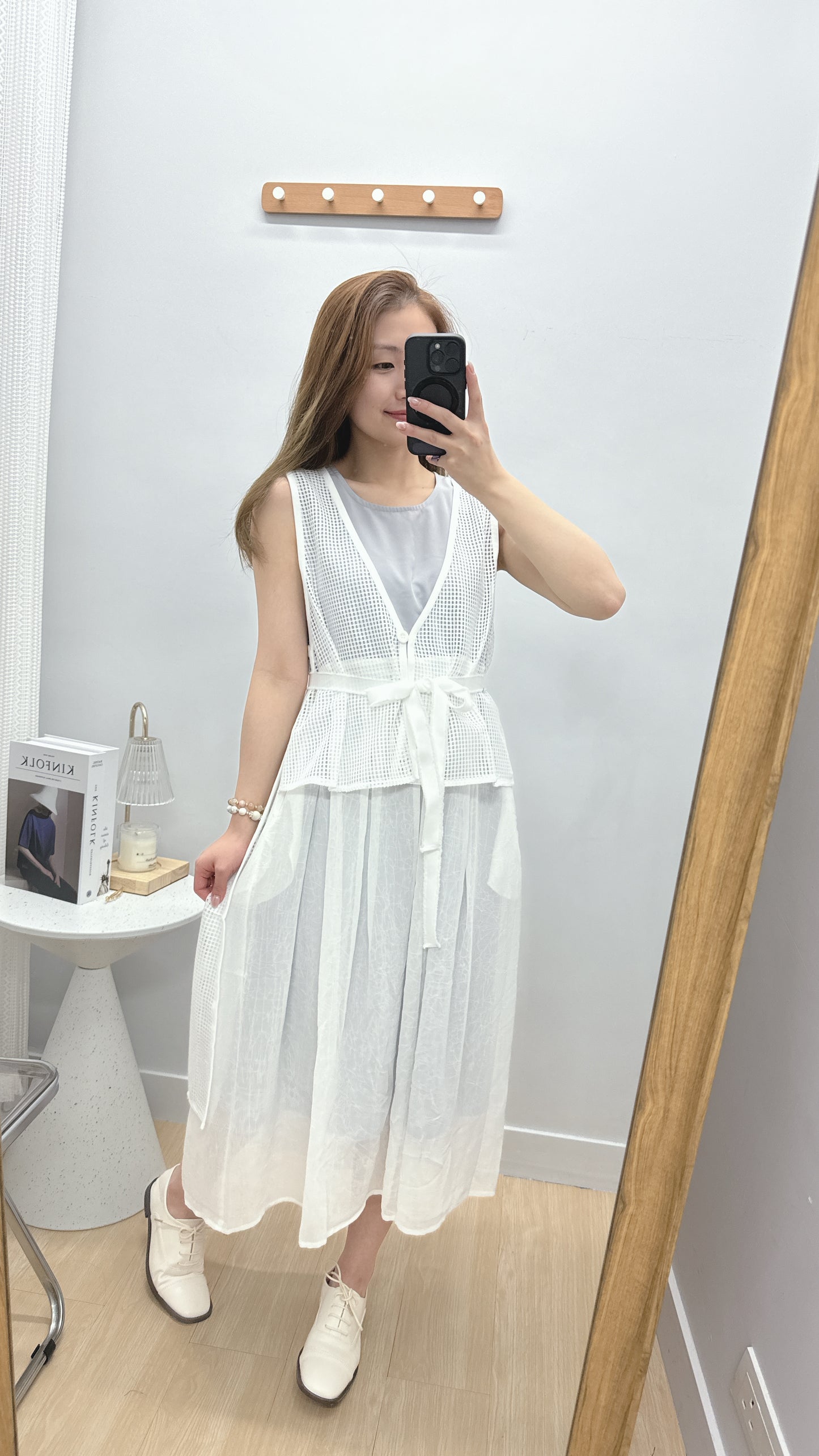 B17604《背心連身裙拼格仔網》白紫色 SIZE2