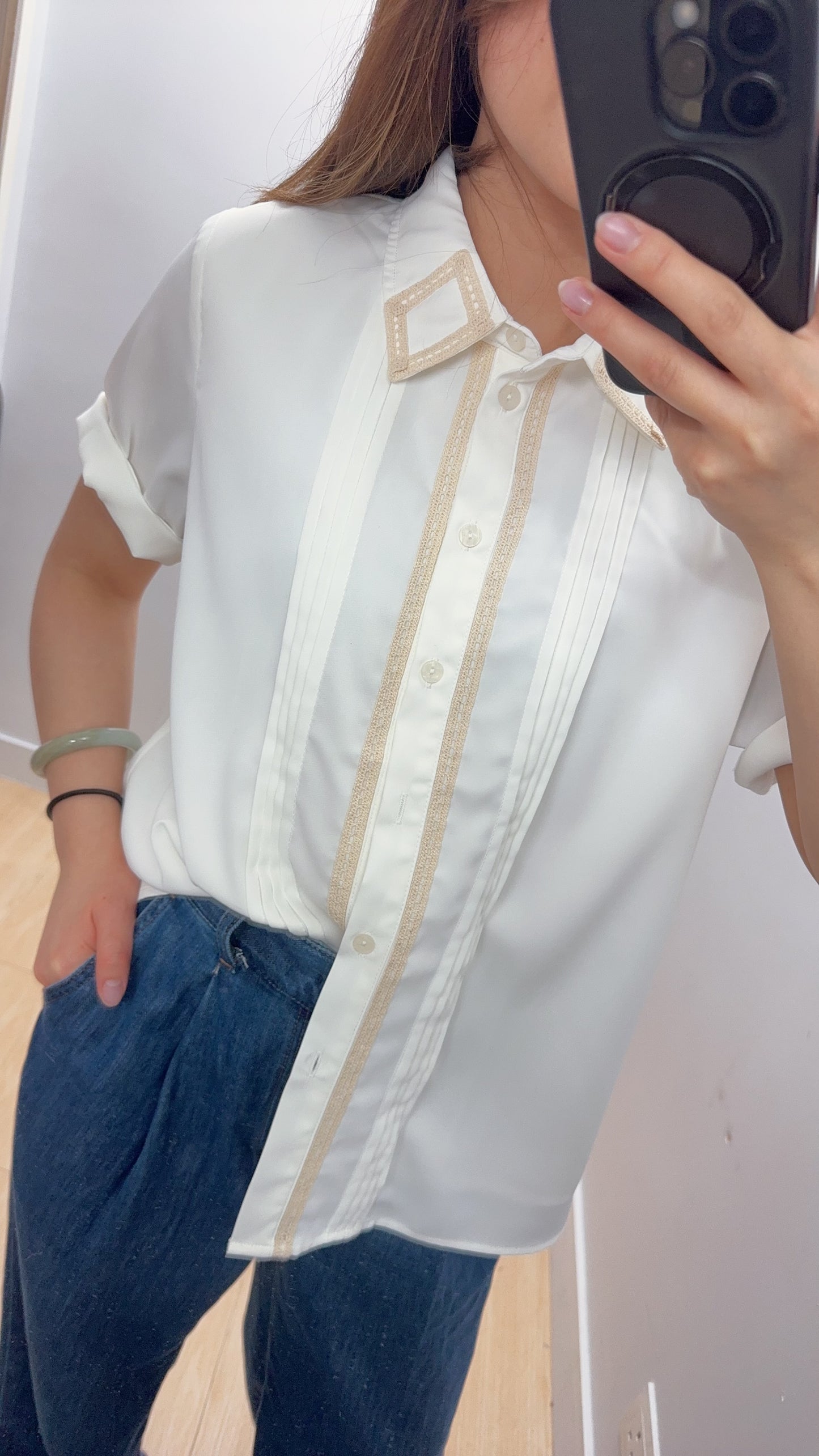P176004《復古 100%舒服 恤衫》（白/綠）