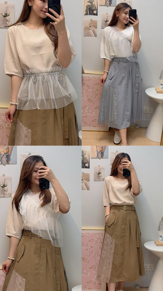 P177308《泡泡袖TOP+百變紗紗》 三色（白/淺杏//藍）